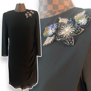 Ursula of Switzerland Black Shift Dress Sz 12 Sequin Flower Sheer Sleeve Formal